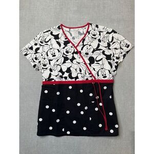 Disney Minnie Mouse Scrub Top Black White Red Size Medium 100% Cotton